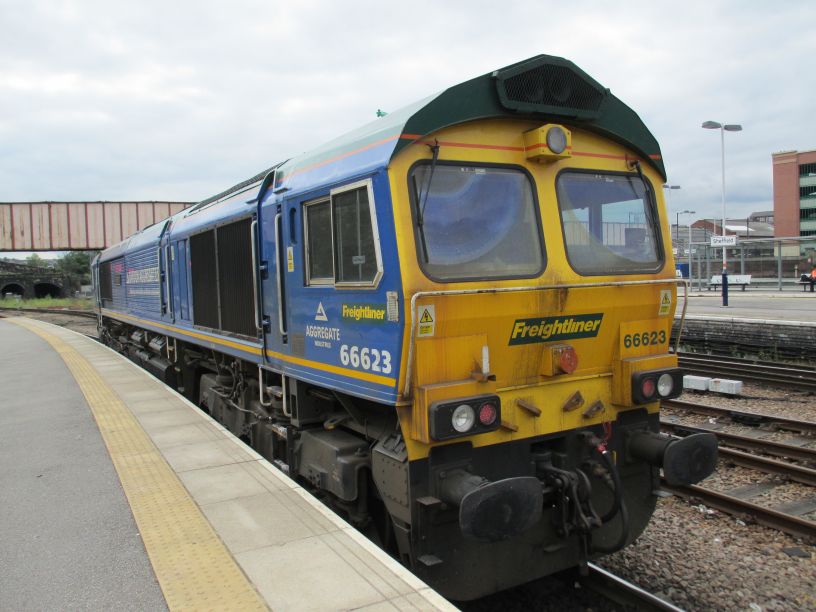 Trainspotting at Sheffield station Freightliner locomotive Class 66 diesel locomotive used for freight trains of Bardon Aggregates, travelling light through Sheffield Station