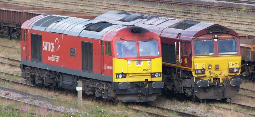 Stabled in Tees Yard Thornaby Yard, a DBS Class 60 diesel-electric locomotive 60007 (60 007) is painted in the red livery of DB Schenker with the logo SWITCH ON TO SAFETY. Class 60 locomotive carries the name 
