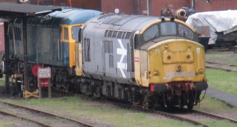 Class 37 diesel locomotive 37906 at Leicester diesel depot - stabling point. Class 37 37906 carries the British Rail logo and the Railfreight logo. This Class 37 locomotive is one of two purchased by UK Rail Leasing based at the old diesel depot just north-east of Leicester station