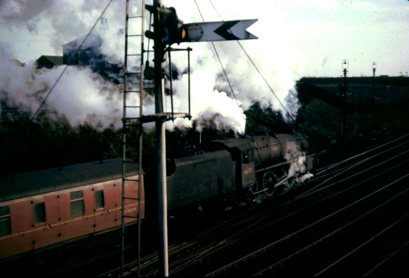 Stanier Black Five 44775 south of Wigan, branching off from the West Coast Main Line, with a train for Manchester (pictured in January 1967). 44775 was built at Crewe Works in 1947 and withdrawn from service in October 1967