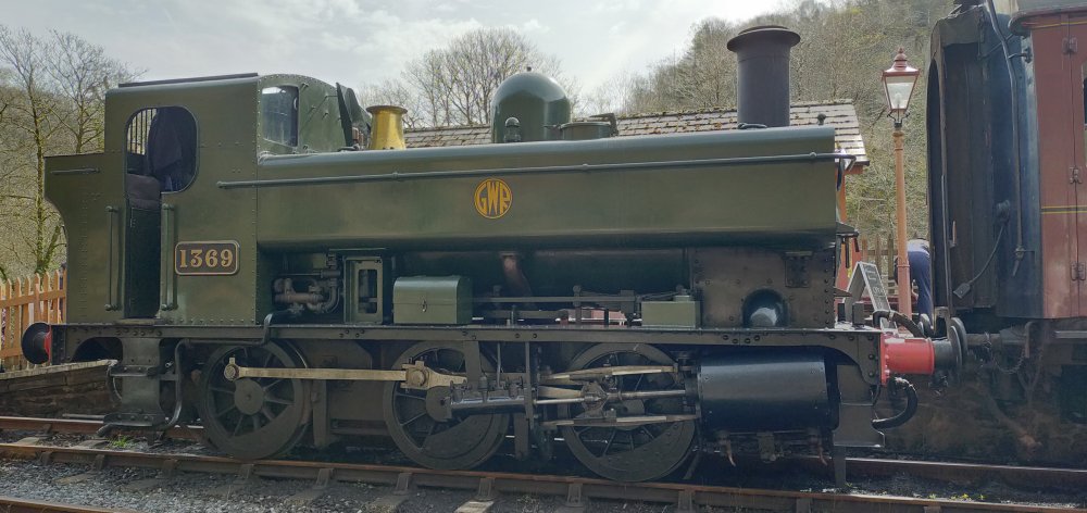 steam locomotive pannier tank engine Ex GWR Class 1366 0-6-0PT BR 1369 on the Gwili Railway in Carmarthen, Wales, in April 2022 (photo courtesy of Kentish Bob YouTube https://www.youtube.com/@kentishbob6423 )
