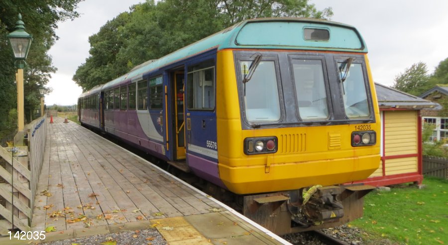 PACER Diesel Multiple Unit DMU Class 142 142035 in Northern Rail livery on the Wensleydale Railway (October 2022, photo courtesy of Kentish Bob YouTube https://www.youtube.com/@kentishbob6423 )