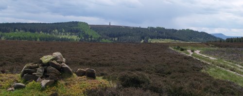 A cairn on Great Ayton Moor, looking towards the Captain Cook Monument.