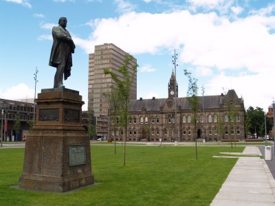 A statue of John Vaughan (1799-1868) who was Mayor of Middlesbrough in 1855. He discovered ironstone in the Cleveland Hills and was one of the founding fathers of the iron industry on Teesside