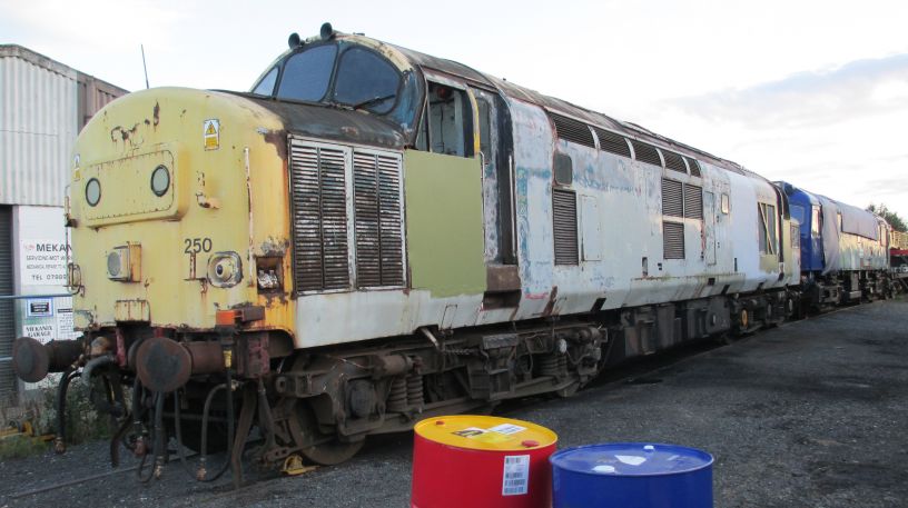 Class 37 diesel locomotive 37250 dilapidated state at Leeming Bar station Wensleydale Railway built at the Vulcan Works, Lancashire in 1964 and carried the BR number D6950