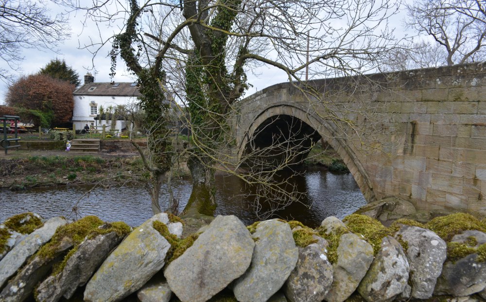 The Cover Bridge Inn beer garden by the Cover Bridge over the Rive Cover Jervaulx Abbey circular walk