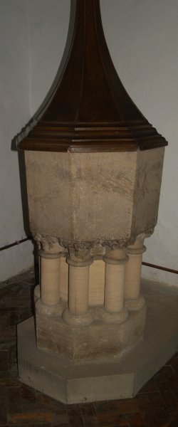 Norman-Early English font from ~1210 St Oswald's Church, Thornton Steward Circular walk from Jervaulx Abbey
