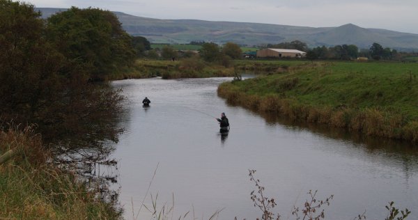 Fishermen in the River Eden, fishing permit required. Dufton Pike is in the background - River Eden walk, Bolton Village near Appleby, Cumbria, Northern England
