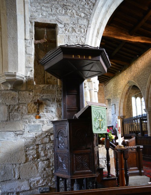 fineJacobean pulpit (with a sound board from 1718) St Andrew's Church, Grinton, Swaledale, North Yorkshire, England