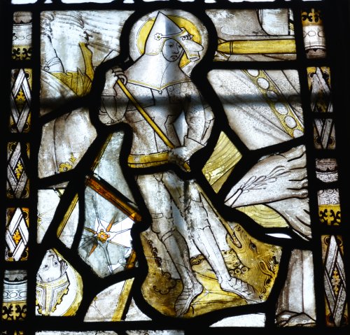 medieval stained glass window panels in St Andrew's Church, Grinton, Swaledale, North Yorkshire, England