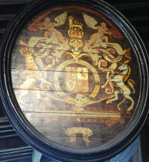 Plaques of the Royal Coat of Arms of William and Mary in St Andrew's Church, Grinton, Swaledale, North Yorkshire, England