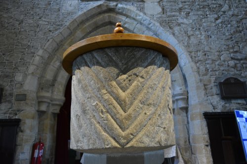Norman font St Andrew's Church, Grinton, Swaledale, North Yorkshire, England