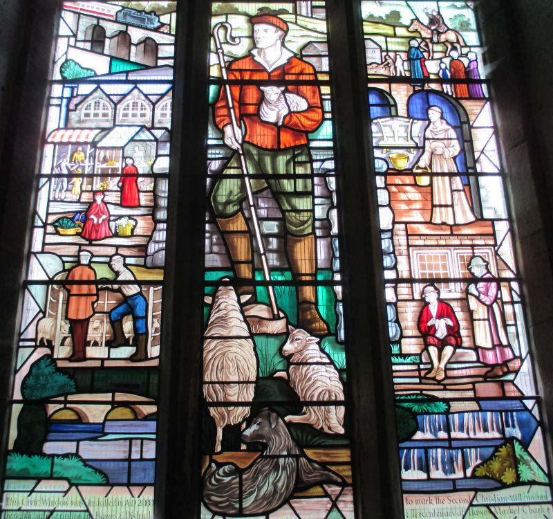 Detail of the attractive and 'informative' Millennium Window depicting the history of Hawes over the past 900 years, St Margaret's Parish Church Hawes