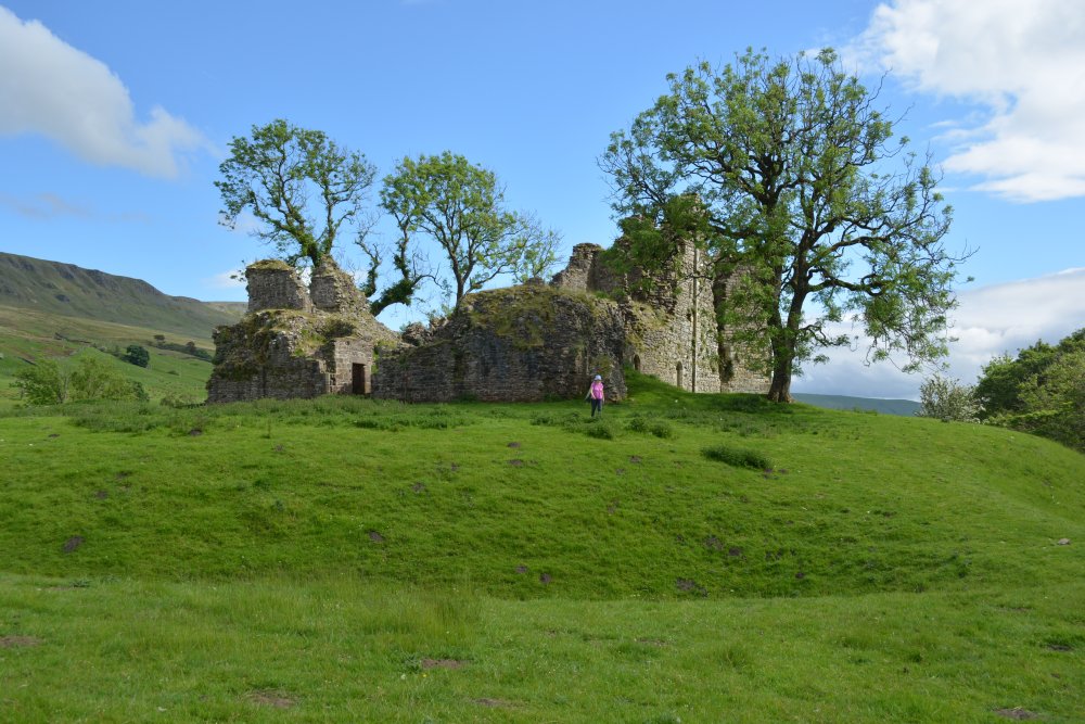 Mound motte and north defensive ditch Pendragon Castle, Mallerstang Dale, Cumbria, England