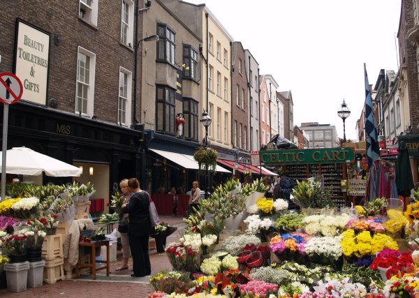 Looking down Duke Street and market stalls off Grafton Street,  Dublin, Ireland