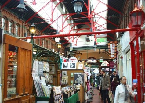 Inside St George's Arcade market for trinkets, music and food, Dublin City, Ireland.