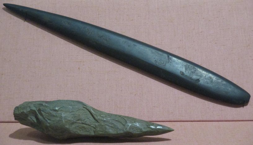 A stone spear head and stone pick, Neolithic period 4300-3900 BC National Museum Ireland Archaeology Dublin