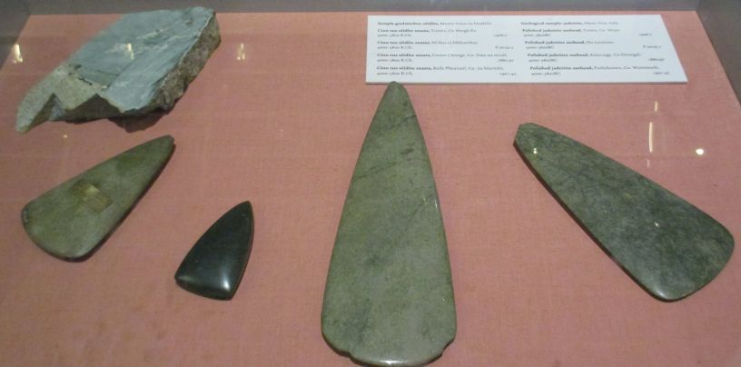 Examples of jadeitite from Mont Vico, Italy. Four polished jadeitite axe heads from various locations in Ireland ~4000-3800 BCE National Museum Ireland Archaeology Dublin