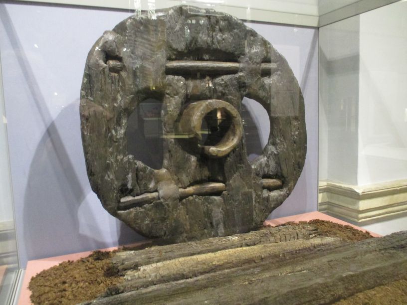 Iron Age wooden block-wheel and oak trackway beams ~400 BCE National Museum Ireland Archaeology Dublin
