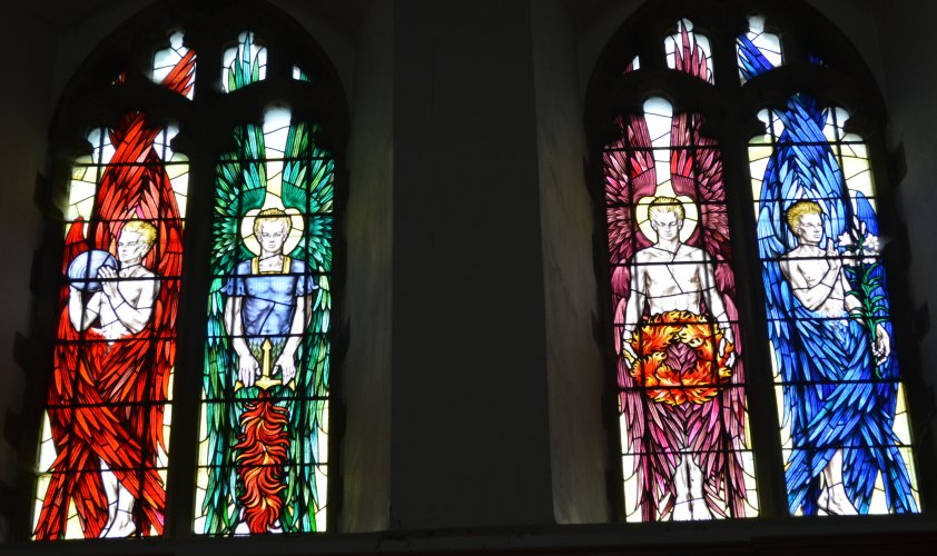 The 'modern' stained glass windows in the north transept of Grimsby Minster
