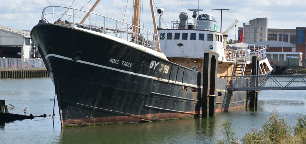 The fishing trawler ROSS TIGER GY 398 (GY398) moored in Alexandra Dock, Grimsby, for guided tours - excellent.