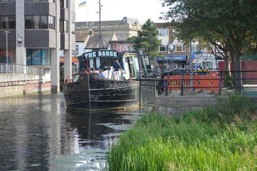 THE BARGE, River Head, Grimsby, an old converted grain river barge undergoing some restoration work in 2024, great place for a pub lunch