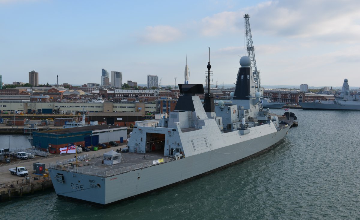 Moored up in Portsmouth Harbour Royal navy warship D36 HMS Defender Type 45 destroyerPortsmouth to Santander Brittany Ferries