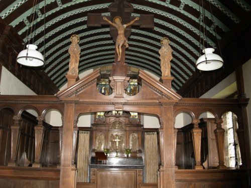 The woodwork e.g. oak roof, doors, panels etc. were carved by local craftsmen in the late 19th century (Mr Worthy of Pockley and Mr George Waines of Helmsley). The figures on the rood screen were carved in Oberammagau, Germany. The woodwork e.g. oak roof, doors, panels etc. were carved by local craftsmen in the late 19th century (Mr Worthy of Pockley and Mr George Waines of Helmsley). The figures on the rood screen were carved in Oberammagau, Germany.