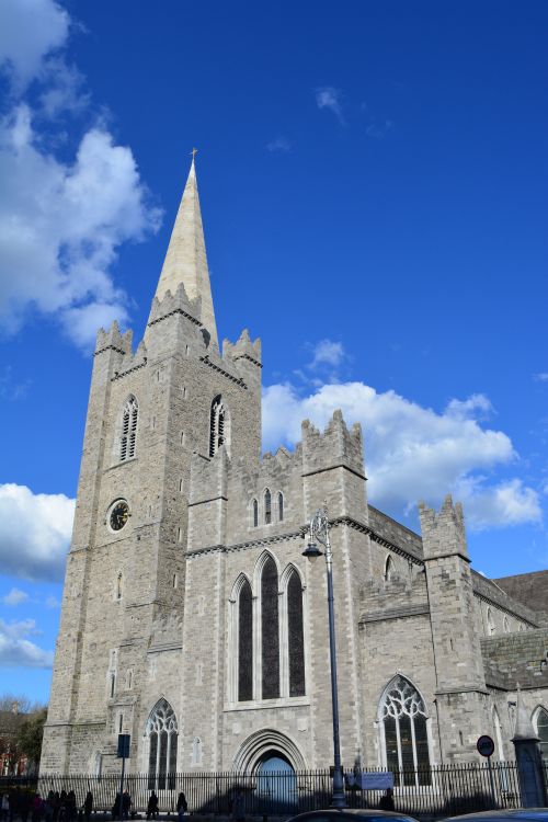 The tower and 'stubby' steeple spire of St Patrick's Cathedral, Dublin