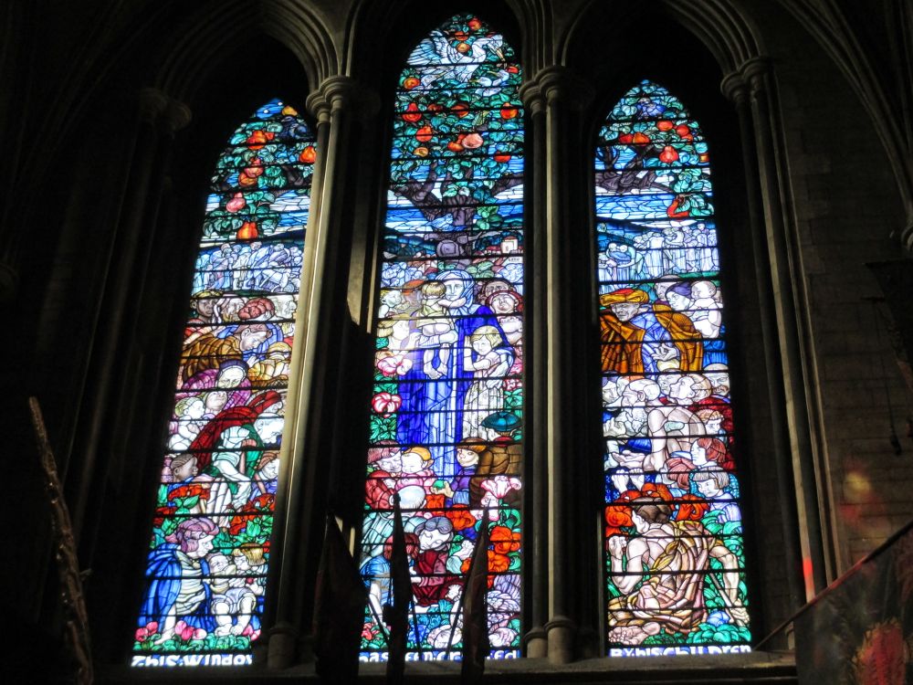The north stained glass window panels in north transept of St Patrick's Cathedral, Dublin