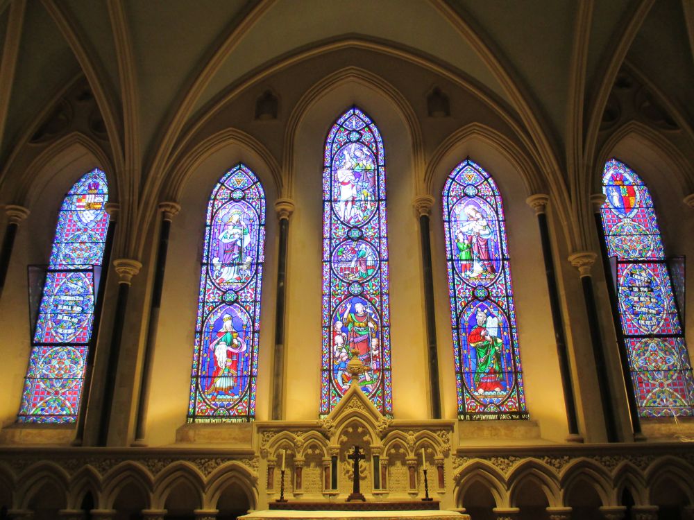 The central stained glass window panels of the Lady Chapel ofSt Patrick's Cathedral, Dublin