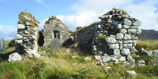 The ruins of the ancient medieval church at Renvyle Point and containing a priests grave.