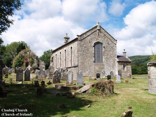 Clonbeg Church (Church of Ireland) in Tipperary. On its left are the ruins of the original medieval church.