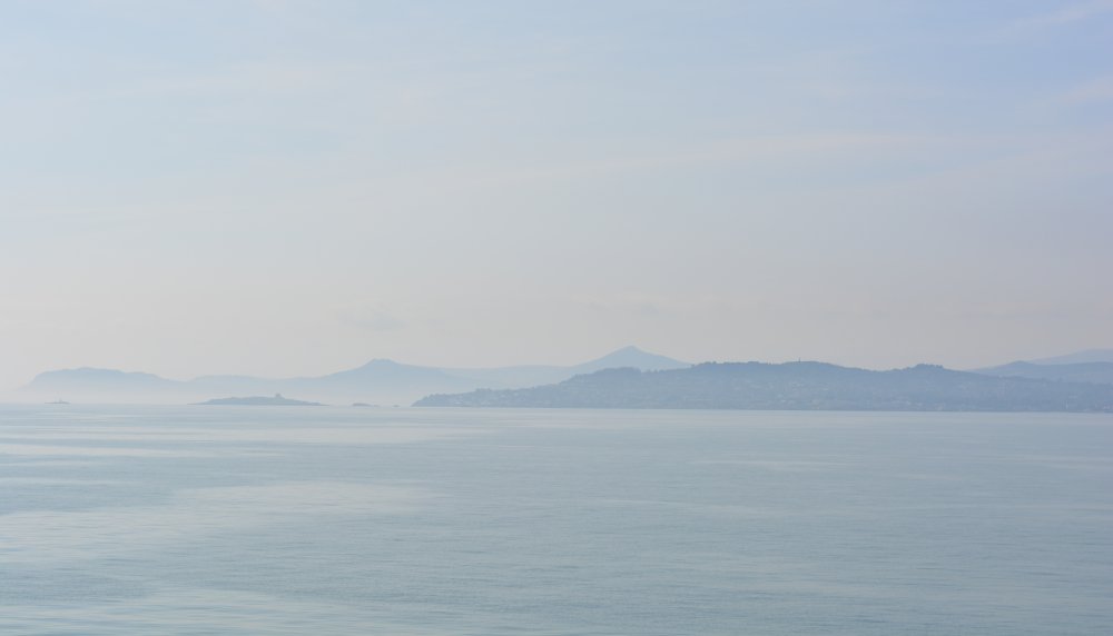 The welcoming romantic Wicklow mountains through the mist over Dublin Bay as we enter Dublin Port, its like a beautiful subtle watercolour painting.