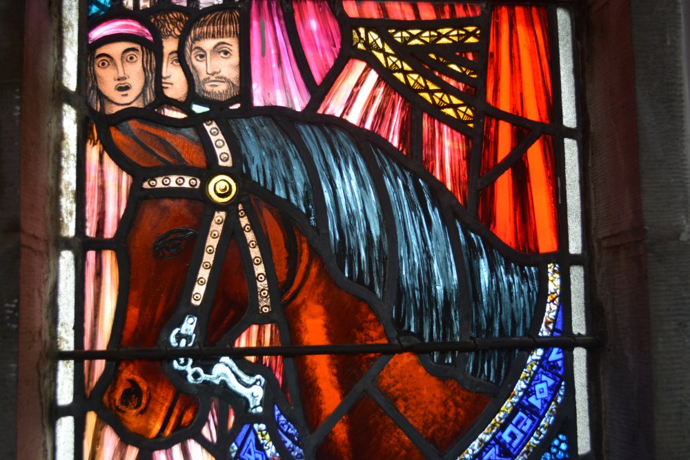 A horse detailed images stained glass window panels Mount Melleray Abbey, Co. Waterford, Ireland