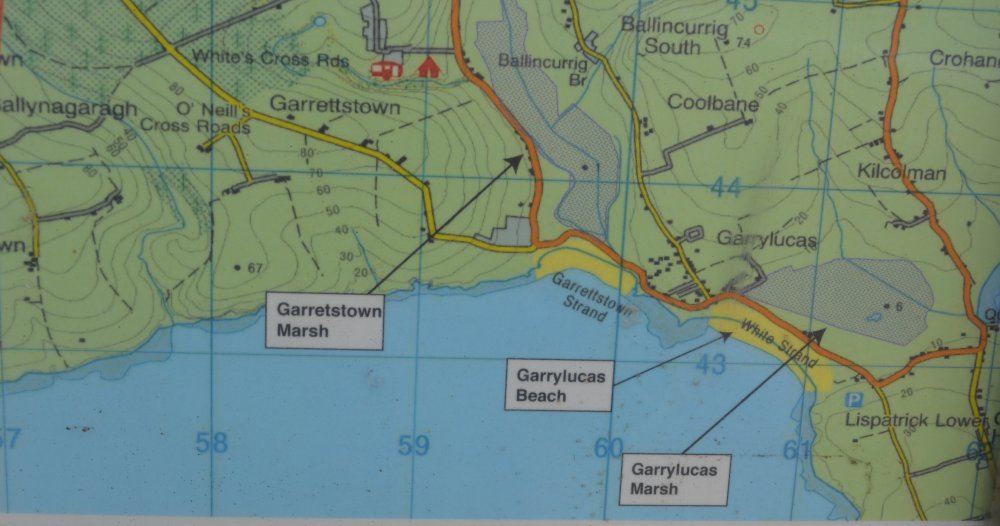 The geographical location of Garrettstown Strand next to Garrylucas Beach (White Strand) Co. Cork, West of Ireland