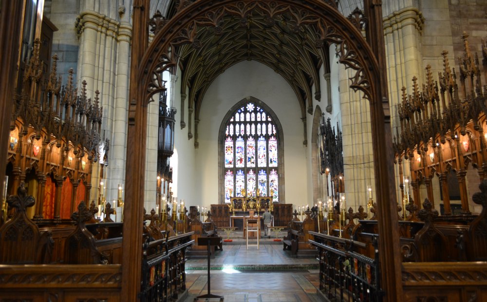 chapter stalls and east window of Saint Deiniol's Cathedral, Bangor, North Wales