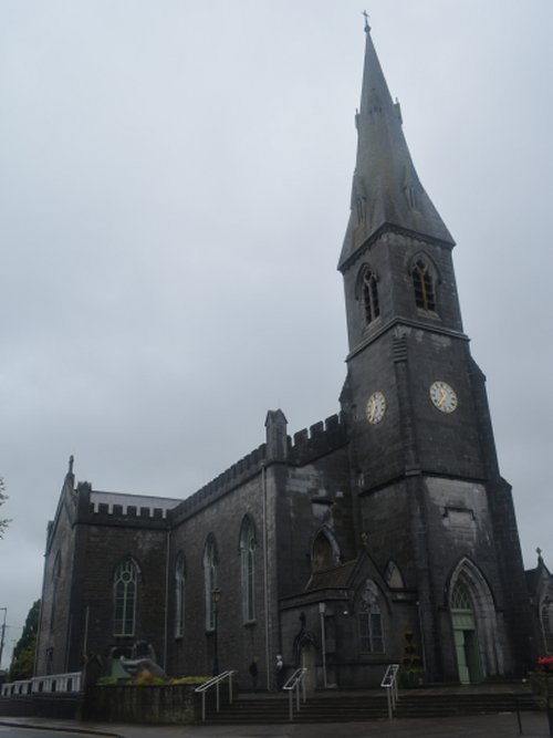 A general view of the external architecture (entrance and tower) of Ennis Cathedral of Saints Peter & Paul , Ennis Ennis, Co. Clare, West of Ireland