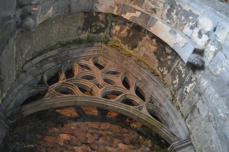 tracery of supporting vaulting of the crossing under the tower of Ennis Friary medieval church ruins Ennis, Co. Clare, West of Ireland