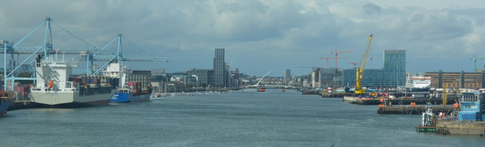 The busy Dublin Port, looking west up the River Liffey towards the heart of Dublin City
