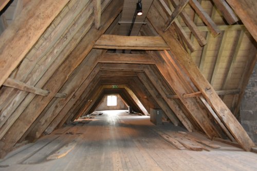 Looking along above the roof timbers above the Long gallery of Ormond Castle, Carrick-on-Suir