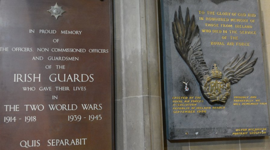 Memorial to the Irish Guards in two World Wars, 1914-1918 and 1939-1945 and Memorial to men from Ireland who died in the service of the Royal Air Force (RAF plaque) in St Patrick's Cathedral, Dublin, Ireland