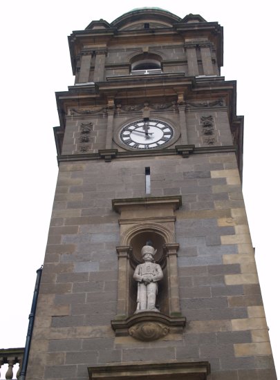 68. The main street and Town Hall Tower of the busy, bustling and friendly�town of Enniskillen, Co. Fermanagh, Northern Ireland (NI). No doubt one of the famous regiment of the Enniskillen Fusiliers looking down on the town.