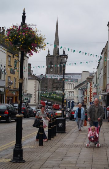 68. The main street and Town Hall Tower of the busy, bustling and friendly�town of Enniskillen, Co. Fermanagh, Northern Ireland (NI). No doubt one of the famous regiment of the Enniskillen Fusiliers looking down on the town.