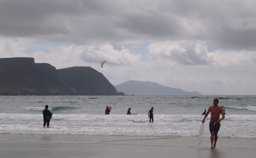 85. Kitesurfing and surfing at Keel Beach, Achill Island, Co. Mayo, Ireland.