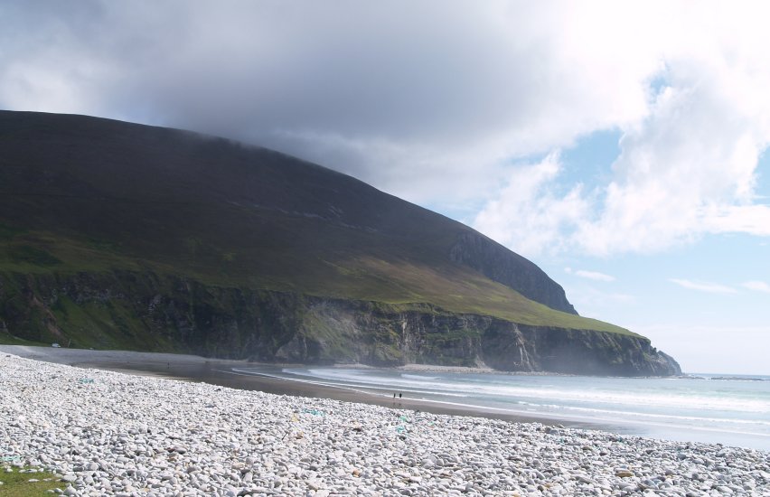 106. The cliffs of Minaun at the end of Keel Strand, a a wonderful 2 miles (3km) long sandy beach with a huge pebble storm beach, Keel, Achill Island, Co. Mayo, Ireland.