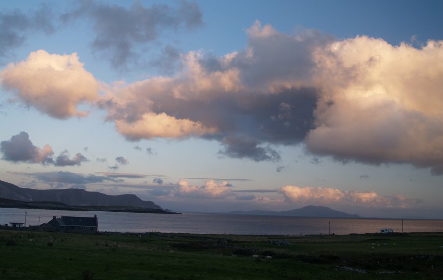 118. Sunset over the Minaun Cliffs and Clare Island in Clew Bay, picture taken from above the village of Dooagh, Achill Island, Co. Mayo, Ireland.