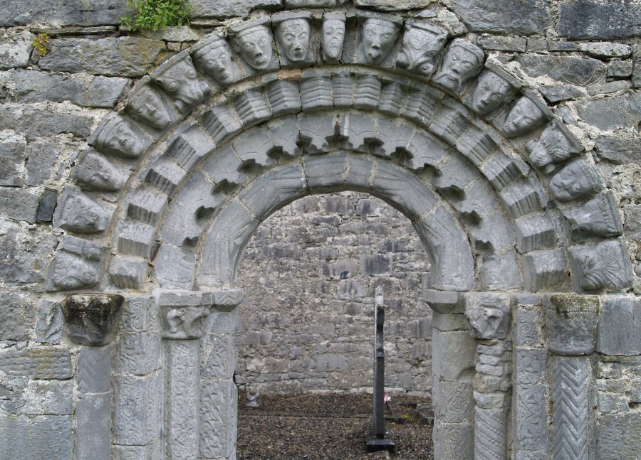 43. The richly decorated 'Romanesque' south doorway of the ruined late medieval church at the monastic site of Dysert O'Dea, near Corofin, County Clare, Ireland