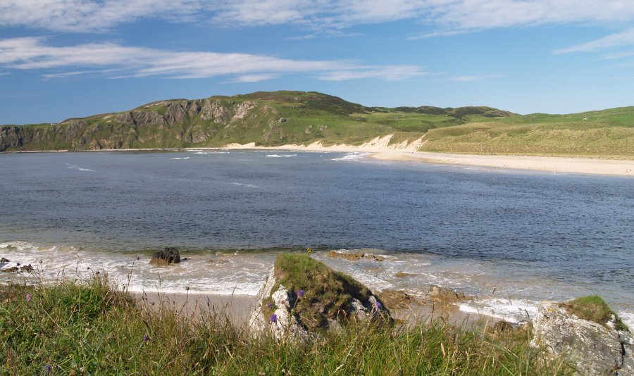 143. Looking across Trawbreaga Bay from Doagh Island (Doagh Isle) to the beaches and giant Lagg sand dunes of Back Strand, Inishowen Peninsula, Co. Donegal, Ireland. These sand dunes started forming 5000 years ago! 