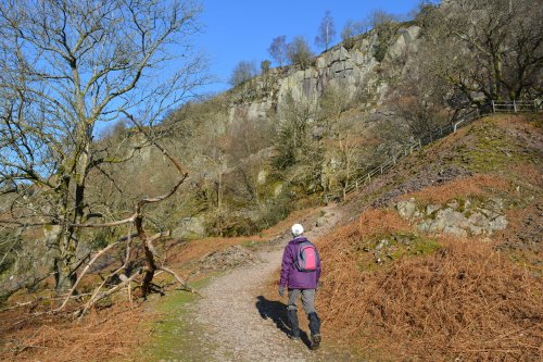path up to Helm Crag circular walk on hills high above Easedale Tarn, Cumbria, England